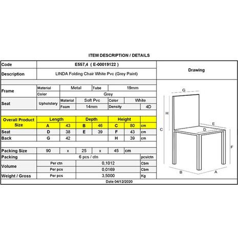 LINDA Καρέκλα Πτυσσόμενη Βαφή Γκρι, Pvc Άσπρο (σετ 6 τεμαχίων) (Ε557,4) (Λευκό)